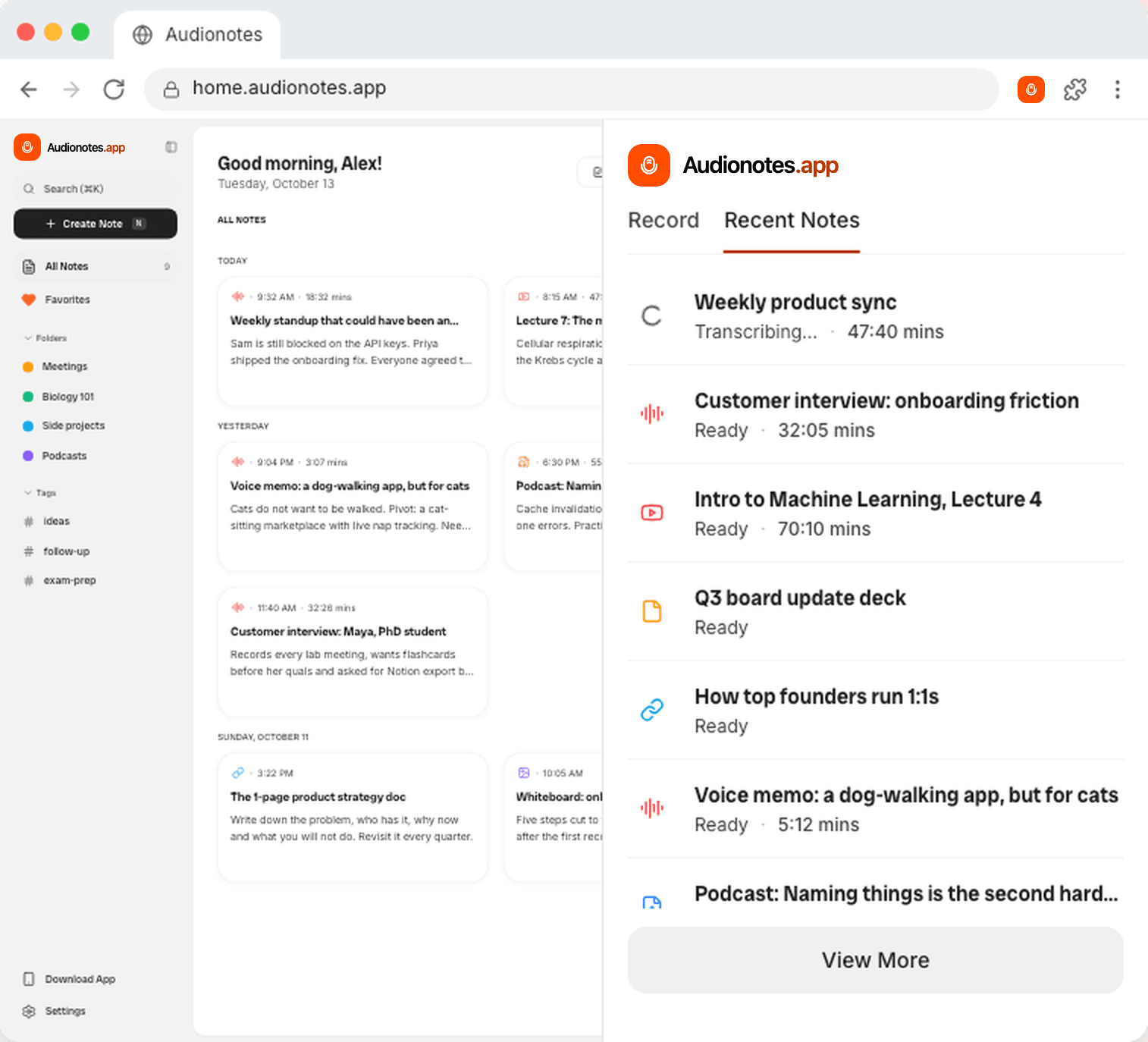 Audionotes Recent Notes list in the Chrome side panel next to the Audionotes web app