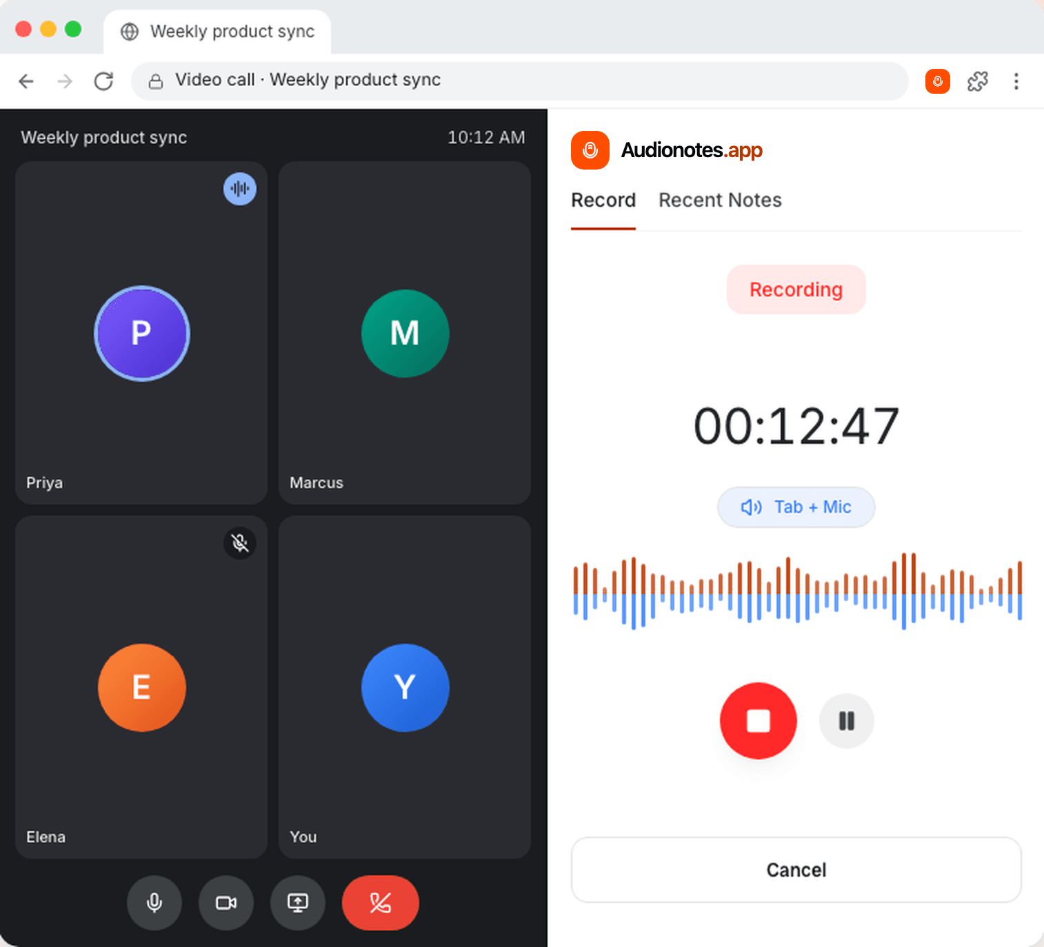 Audionotes side panel recording a video call in a Chrome tab with Tab + Mic selected