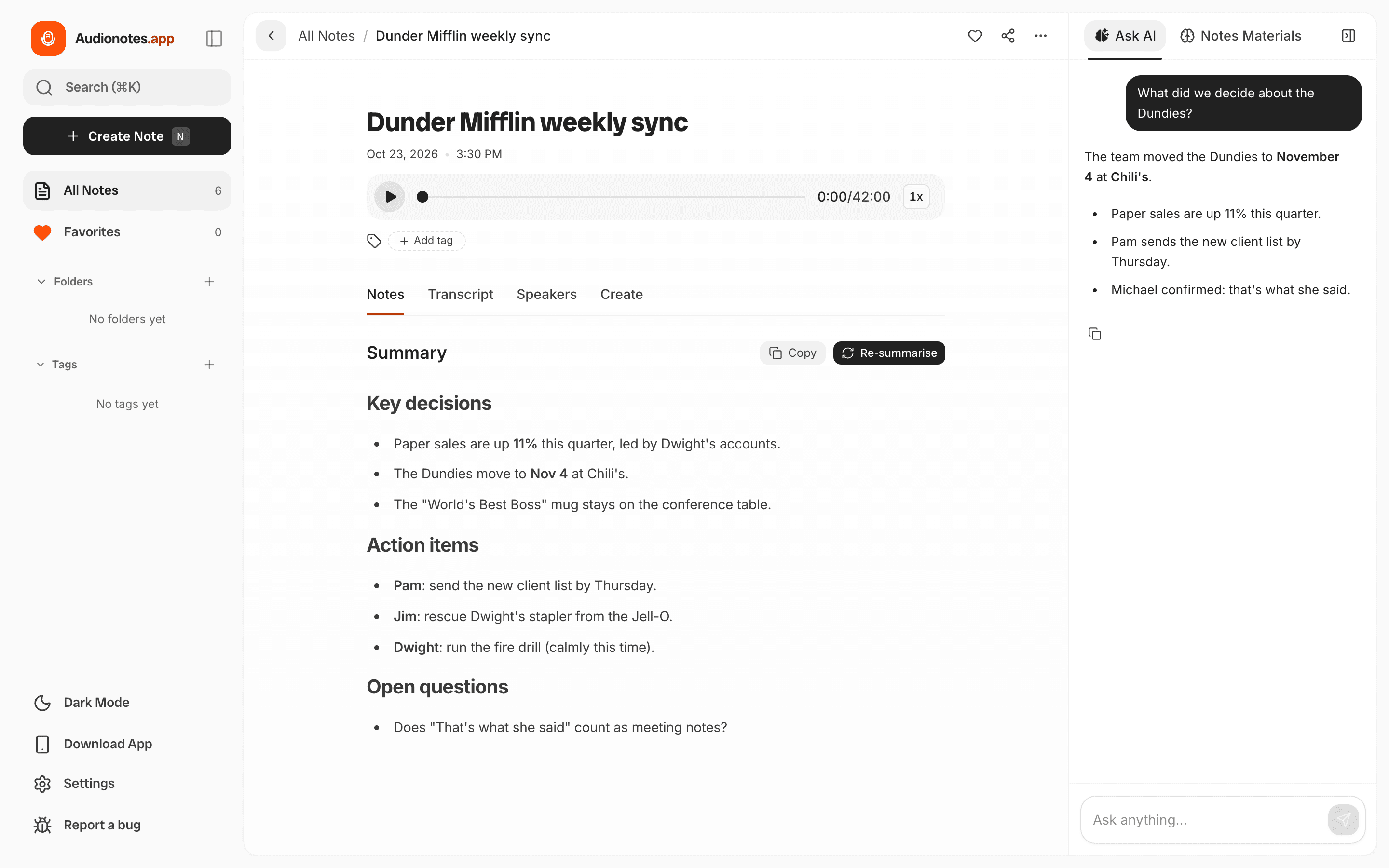 Audionotes app turning voice recordings into structured notes with summaries