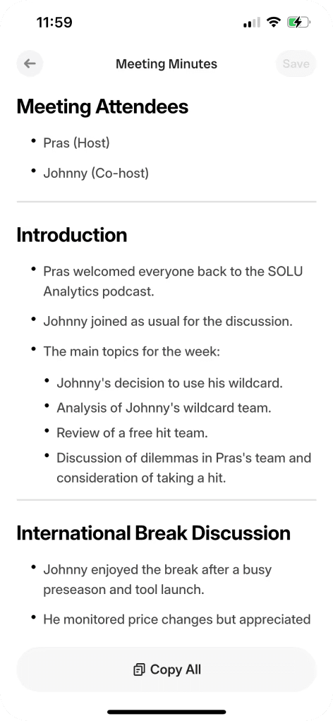 Audionotes app showing AI-generated meeting notes