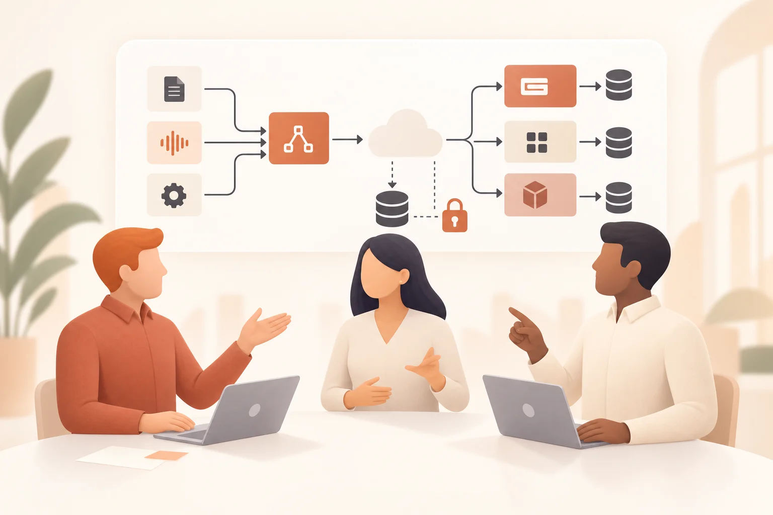 Solutions architects reviewing cloud services, data flows, and access controls