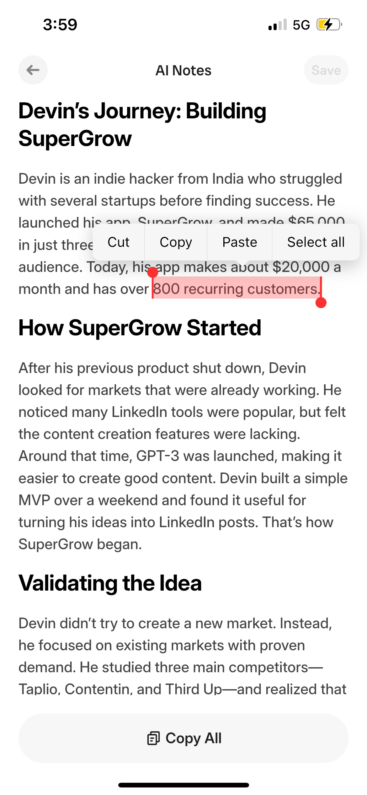 Audionotes app displaying AI-generated summary