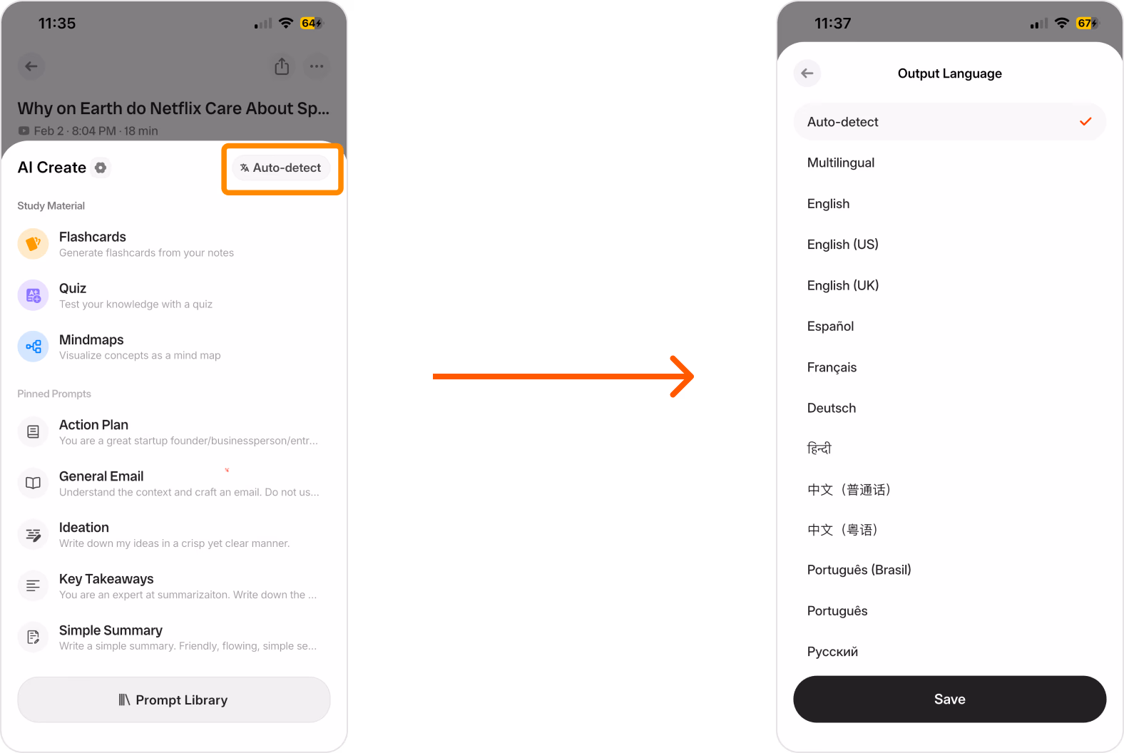Audionotes mobile App – Ausgabesprachen-Einstellungen