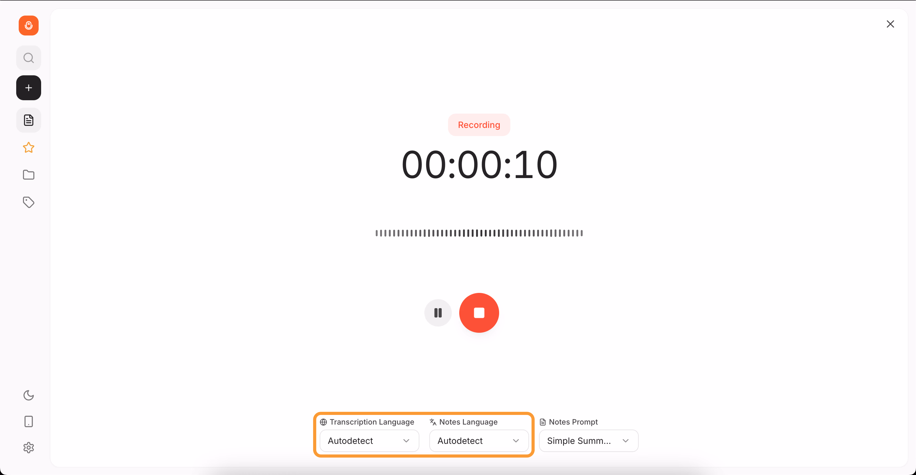 Audionotes Web-App – Sprachauswahlbildschirm