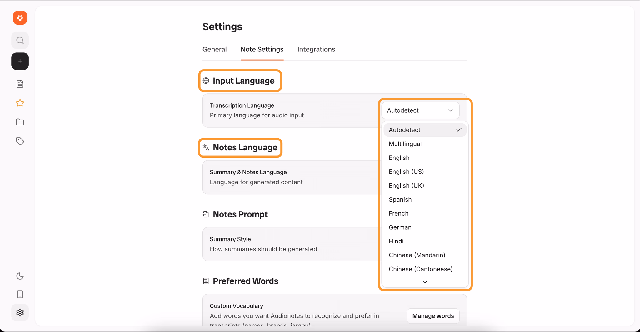 Audionotes Web-App – Ausgabesprachen-Einstellungen