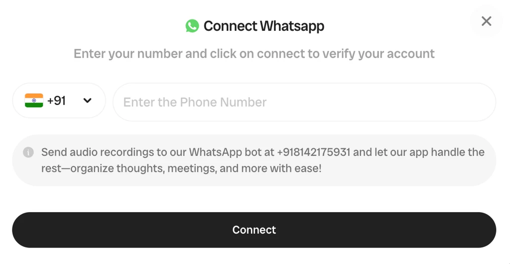 Connect Whatsapp modal — enter your phone number and click Connect