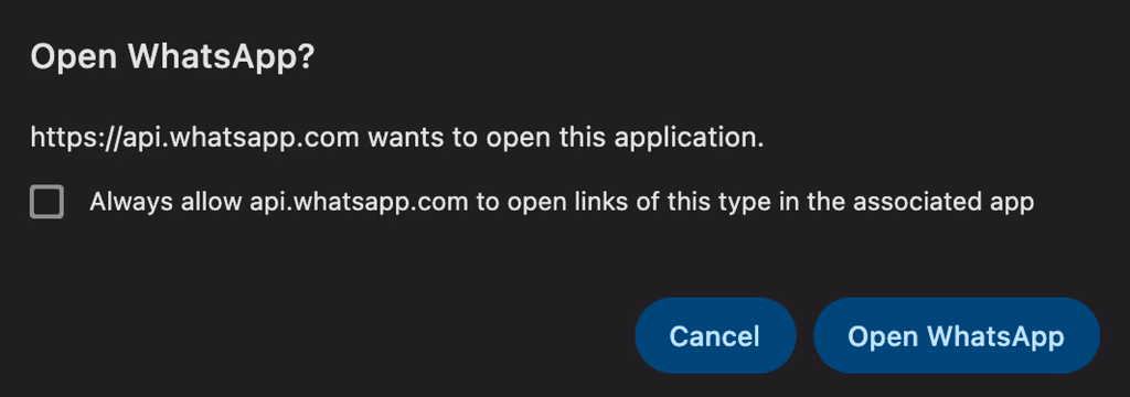 Open WhatsApp dialog — click Open WhatsApp to finish setup
