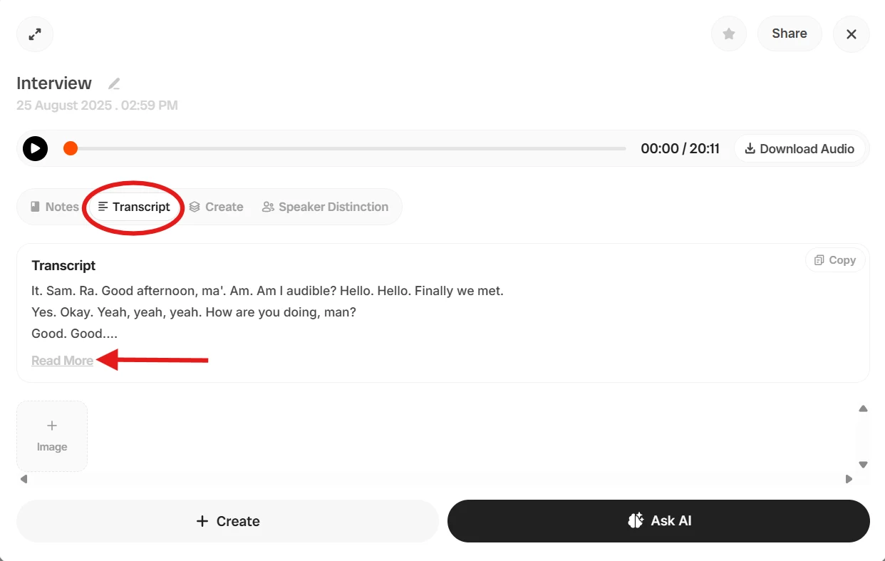 Step 6: Click to View the Full Transcription and Notes screenshot — How to Transcribe an Interview - Fast & Accurate