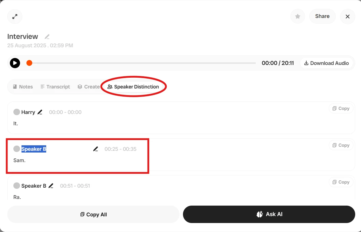 Step 6: Click to View the Full Transcription and Notes screenshot — How to Transcribe an Interview - Fast & Accurate