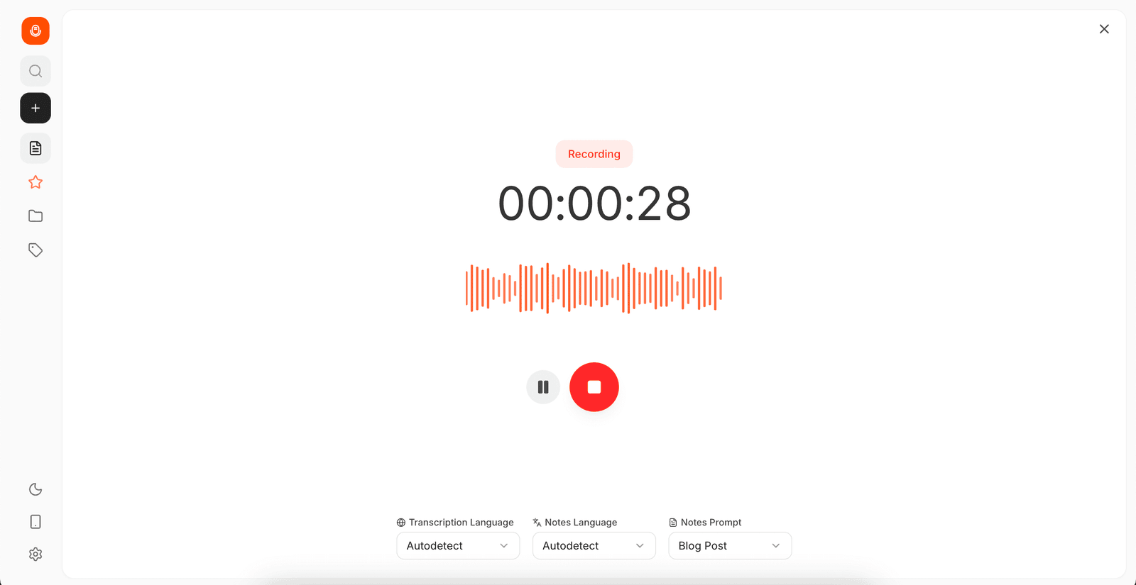 Active recording screen with timer, waveform, and stop button