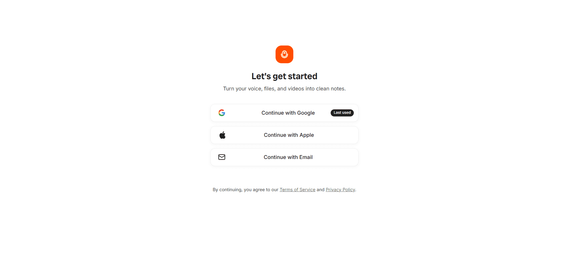 Audionotes app login screen with Google, Apple, or email sign in options