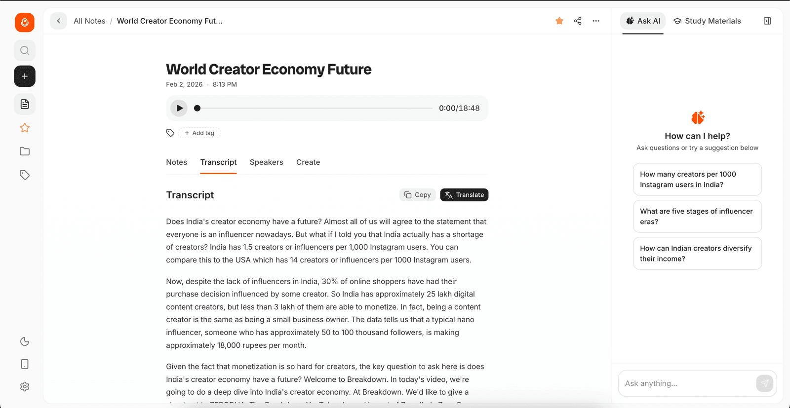 Transcript and structured notes view with AI chat and actions