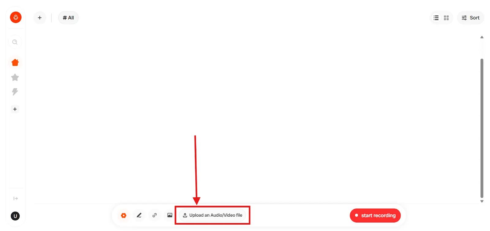Step 2: Click on “Upload an Audio/Video File” screenshot — How to Transcribe an Interview - Fast & Accurate