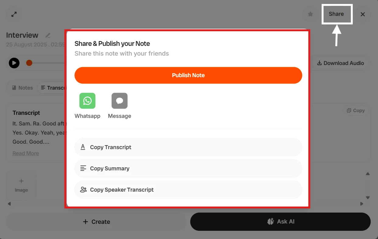 Step 7: Share your transcript easily with anyone screenshot — How to Transcribe an Interview - Fast & Accurate