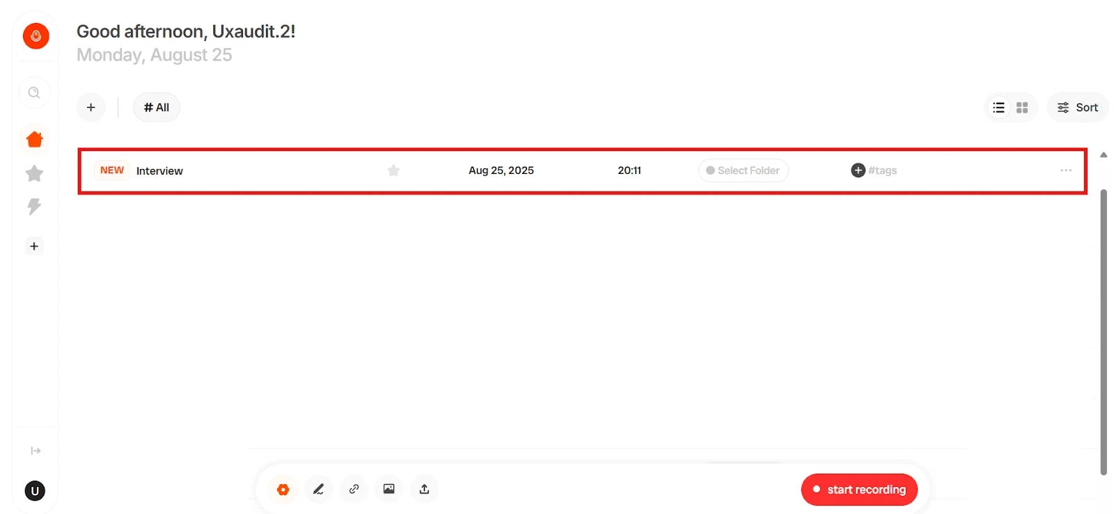 Step 5: Find the Transcription on Your Dashboard screenshot — How to Transcribe an Interview - Fast & Accurate