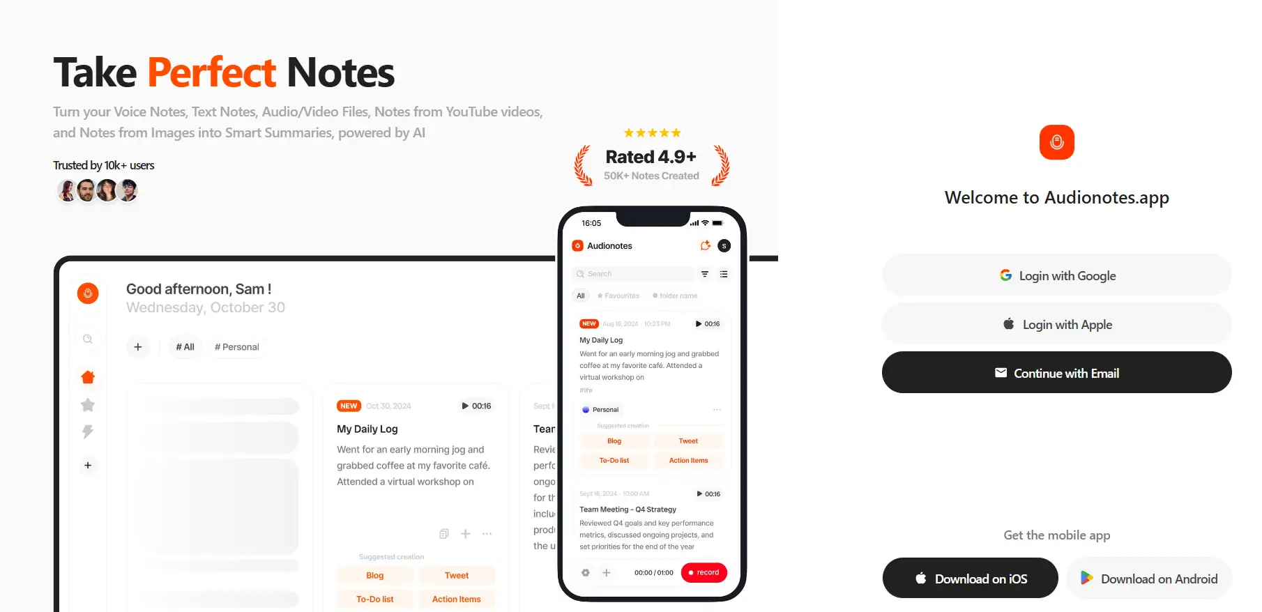 Step 1: Log in to Your Audionotes Account screenshot — How to Transcribe an Interview - Fast & Accurate